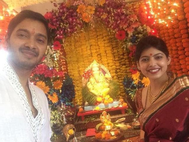 Marathi and Hindi film actor Shreyas Talpade along with his wife Deepti during the Ganesh Chaturthi celebrations at his residence in Mumbai on August 29, 2014. (IANS)