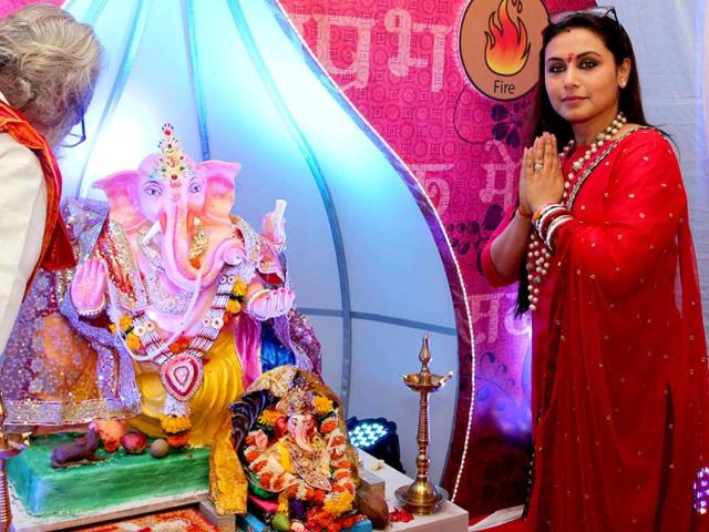 Rani Mukerji during the Ganesh Chaturthi celebrations in Mumbai on August 29, 2014. (IANS)