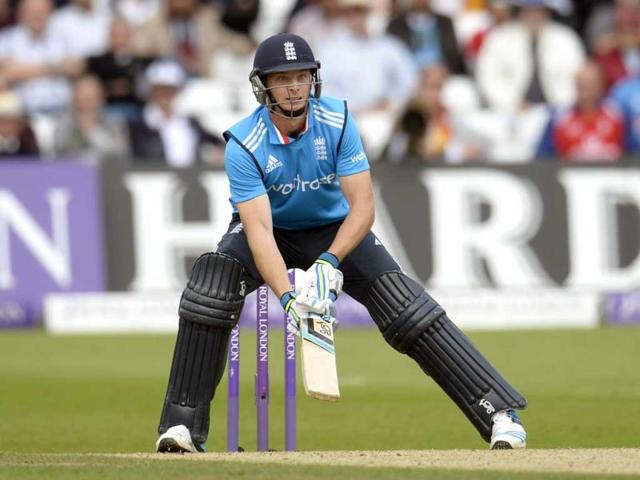 Jos Buttler prepares to hit the ball during the third ODI between England and India at Trent Bridge in Nottingham. (Reuters Photo)