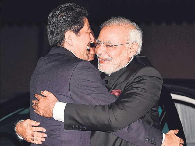 Japanese-Prime-Minister-Shinzo-Abe-gives-PM-Narendra-Modi-a-big-hug-on-arrival-at-the-state-guest-house-in-Kyoto-on-Saturday Japanese-Prime-Minister-Shinzo-Abe-gives-PM-Narendra-Modi-a-big-hug-on-arrival-at-the-state-guest-house-in-Kyoto-on-Saturday