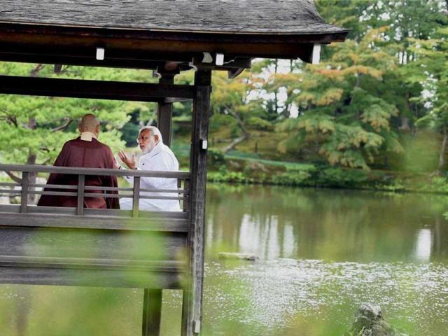 PM Modi along with head priest during his visit to the Kinkaku-ji Temple in Kyoto (PTI Photo)