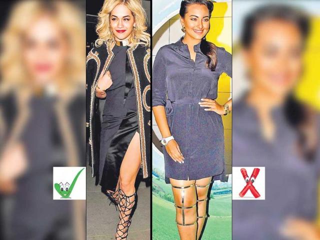 GladiatorsSince they are not your run-of-the mill shoes, styling is the key here. Actor Sonakshi Sinha’s (right) gladiator ­sandals ride much above her knees, and seem to be ­imprisoning her legs rather than embracing her pins! The sudden knee clasp looks more like a brace, and mostly like a big eyesore. It also seems out of place with the casual shirt dress. On the other hand, singer Rita Ora (left), in her lacey gladiators, brings in the needed edge, and looks the right amount of dramatic with her black and gold ensemble.