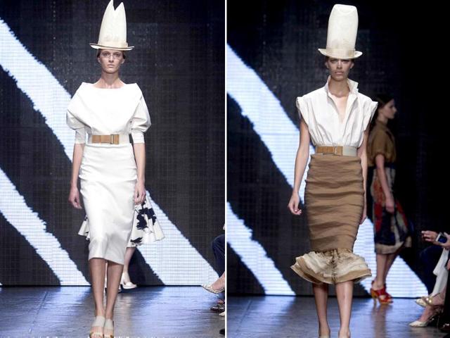 A model presents a creation during the Donna Karan show, where bold colors, lively prints, and the truly unusual - OK, downright bizarre, but fun - hats ruled the ramp. (Reuters)