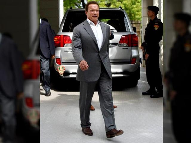 Hollywood star Arnold Schwarzenegger after meeting Tamil Nadu Chief Minister J Jayalalithaa at Secretariat in Chennai on Monday. (PTI)