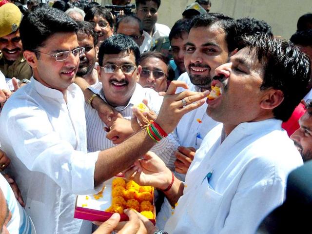 Rajasthan-Congress-president-Sachin-Pilot-celebrates-his-party-s-victory-in-the-bypolls-at-the-party-office-in-Jaipur-on-Tuesday-PTI-Photo Rajasthan-Congress-president-Sachin-Pilot-celebrates-his-party-s-victory-in-the-bypolls-at-the-party-office-in-Jaipur-on-Tuesday-PTI-Photo