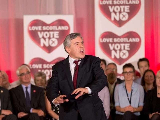 Former British Prime Minister and No campaigner for the Scottish independence referendum Gordon Brown delivers a speech at a No campaign event in Glasgow, Scotland. Will the ayes have it, or will Scotland say naw thanks? No one is certain. Excitement and anxiety mounted across the country Wednesday, the final day of campaigning before Thursday's referendum on independence. With opinion polls suggesting the result is too close to call and turnout expected to reach record levels, supporters of separation feel they are within touching distance of victory — but wonder whether their surge in the polls will be enough. (AP photo)