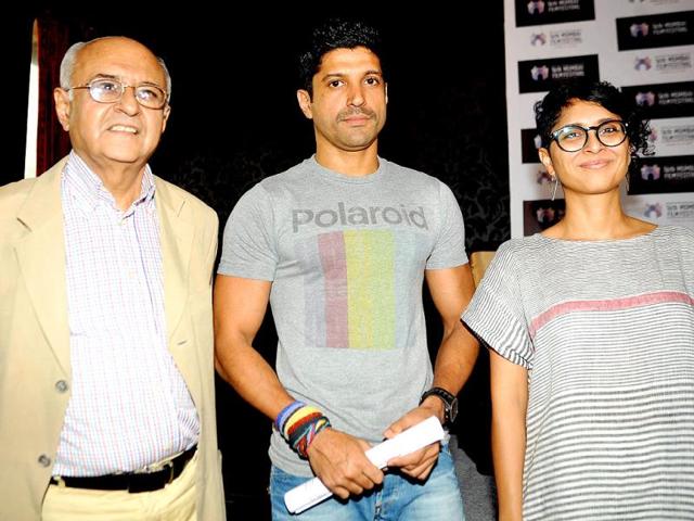 Amit Khanna (Trustee, MAMI), actor Farhan Akhtar and film director Kiran Rao attend the press conference of the 16th 'Mumbai film festival. (AFP Photo)