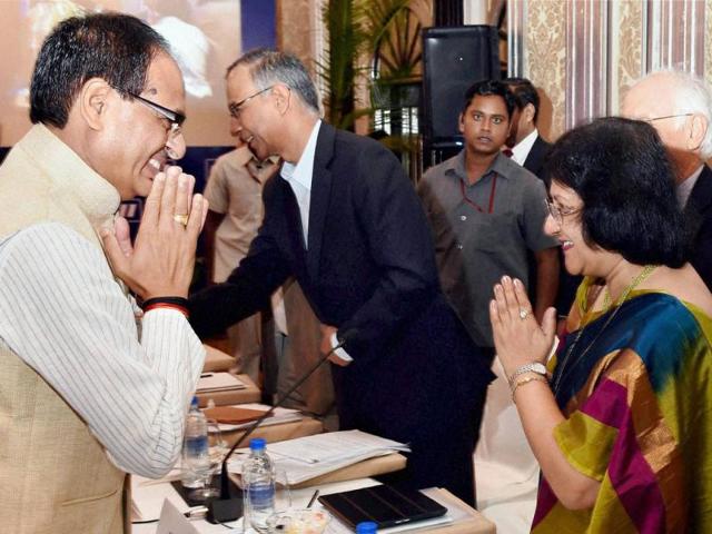 MP chief minister Shivraj Singh Chouhan and SBI chairperson Arundhati Bhattacharya during CII National Council meeting in Mumbai on Tuesday. (PTI photo)