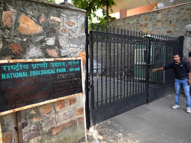 A zoo worker closes the gates to the main entrance of the Delhi Zoo after a white tiger killed a school boy inside its enclosure in New Delhi on Tuesday. (AFP Photo)