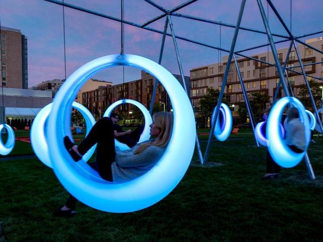 An interactive, glow-in-the-dark playground for adults has been installed in Boston. Custom fabricated from welded polypropylene, the swings emit a static white light when inactive. Check out some interesting photos. (Photos: AFP, AP)