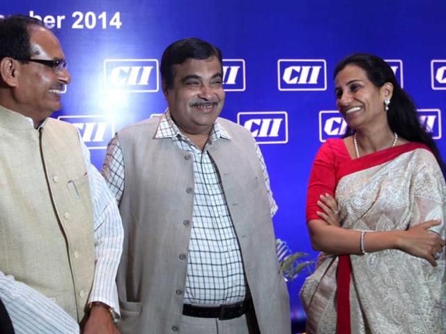 Union transport minister Nitin Gadkari, MP chief minister Shivraj Singh Chouhan and managing director of ICICI Bank Chanda Kochhar during the CII national council meeting in Mumbai. (Kunal Patil/HT photo)