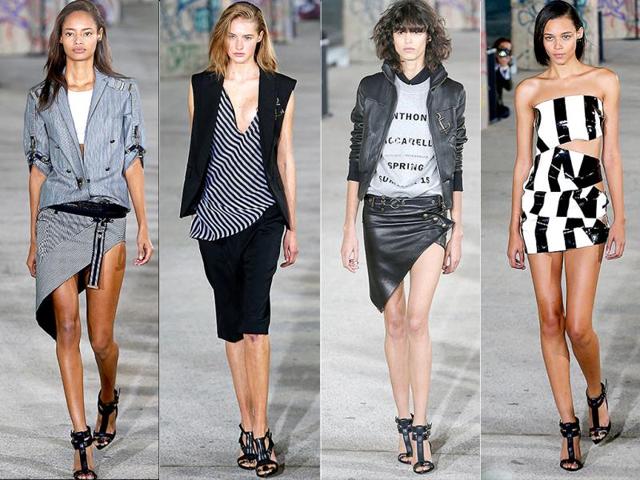 Models in Anthony Vaccarello creations during the Spring/Summer 2015 ready-to-wear fashion collection, presented in Paris. (AP)