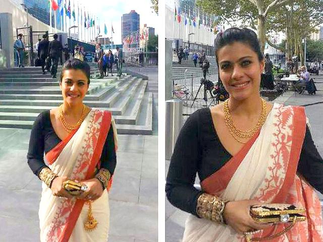 Kajol tweeted her picture, dressed in a sari, during her New York trip.