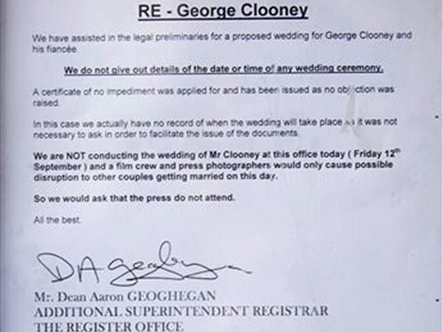 A notice outside Chelsea Town Hall on Kings Road in west London, England, in connection with George Clooney's marriage to British human rights lawyer Amal Alamuddin. (AP)