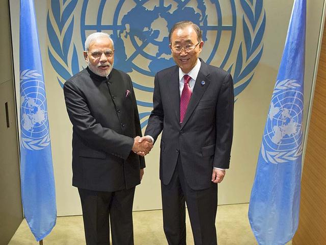 Prime Minister Narendra Modi meets with Secretary-General Ban Ki-moon during the 69th United Nations General Assembly at UN headquarters. (AP Photo)