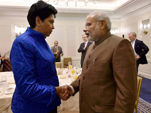 Narendra Modi with PepsiCo's Indian American chairman and CEO Indra Nooyi, , Indra Nooyi after a breakfast meeting in New York, US. (PTI Photo)