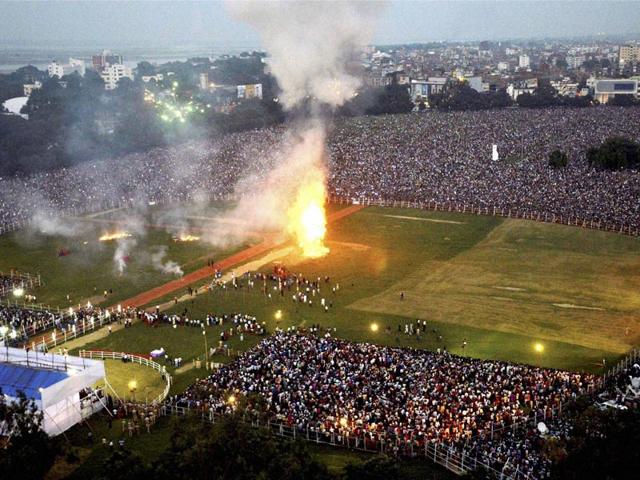 An aerial view of the crowd gathered during the Dussehra celebrations at Gandhi maidan in Patna on Friday. PTI Photo