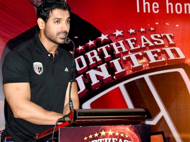 Actor and Co-Owner of Northeast United Football Club John, Abraham during the inaugural ceremony of the team Jersey, near Jalukbari in Guwahati on Saturday. ISL begins on 12 October. (PTI Photo)