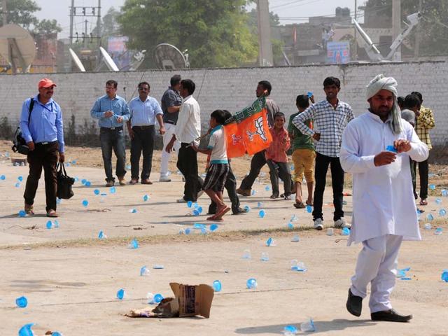 Rally ground view after the PM Narendra Modi public rally to support BJP candidates in Hissar, Haryana. (Ravi Kumar/HT Photo)