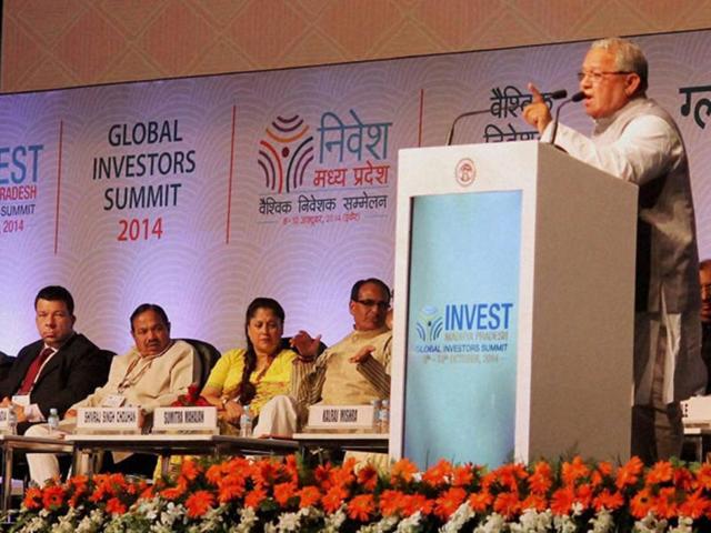 Union minister for MSMEs Kalraj Mishra addresses the gathering at Global Investors Summit in Indore on Wednesday. (PTI photo)