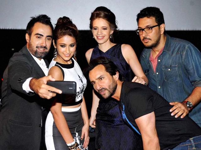Bollywood actors Kalki Koechlin, Saif Ali Khan, Ileana D'Cruz and Ranvir Shorey taking a picture during the trailer launch of their upcoming film Happy Ending in Mumbai. (PTI Photo)