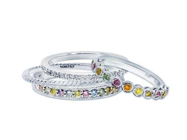 Multicolour diamond milgrain band ring in 18ct white gold with 100 per cent natural coloured diamonds of various intensities. Available from Leibish & Co. Price on request