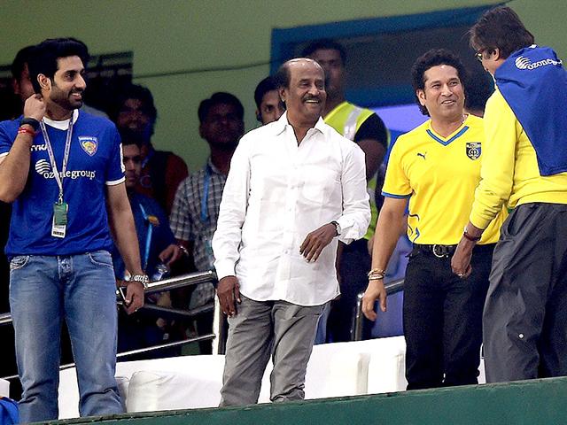 Amitabh Bachchan and Rajnikanth with Kerala Blasters FC co owner Sachin Tendulkar and Chennaiyin FC co owner Abhishek Bachchan during the Indian Super League match between Chennaiyin FC and Kerala Blasters FC in Chennai on Tuesday. (PTI Photo)