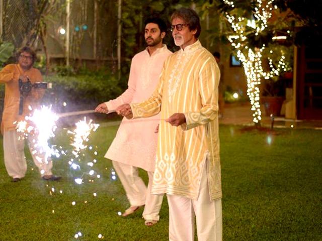 In this picture shared by Amitabh Bachchan, Big B seen celebrating Diwali with son Abhishek. (Courtesy: Facebook)