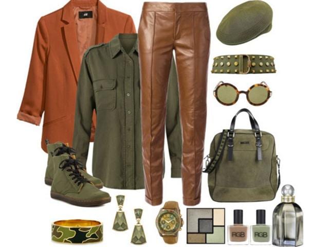 Khaki is a great color for transitioning between seasons- the tone is neutral enough to be paired with a range of other hues from dark greys and blacks to lighter, brighter shades. Cool and leafy, tough yet chic, separates in khaki are a key element in the urban fashion fan's wardrobe. Here are a few favourite pieces. (Photos: AFP) Nature's palette: Mango shirt, Dr. Martens shoes, Richmond bag, Kangol hat, H&M jacket, Luxury Divas belt, earrings via maxandchloe.com, Gucci pants, C. Wonder bracelet, Isaac Mizrahi watch, The Row sunglasses.