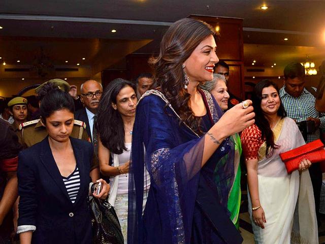 Sushmita Sen in Allahabad on Thursday to attend a promotional event. (PTI Photo)