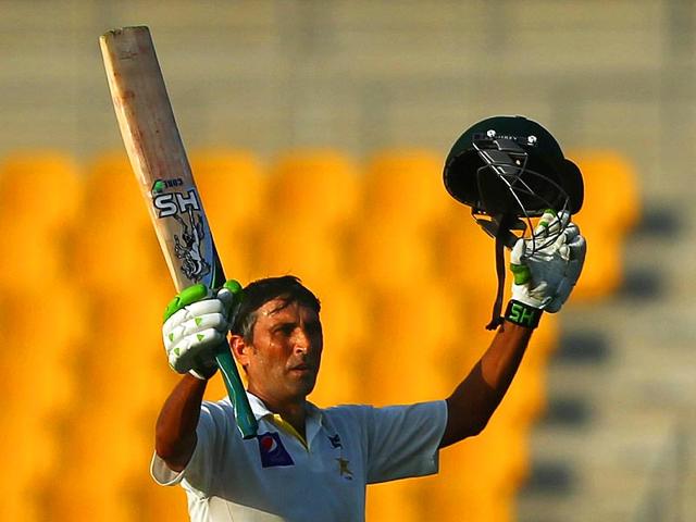 Younis-Khan-became-the-first-batsman-in-90-years-to-hit-three-hundreds-in-consecutive-innings-against-Australia-as-Pakistan-took-and-early-advantage-in-the-second-Test-in-Abu-Dhabi-on-Thursday--AFP-Photo Younis-Khan-became-the-first-batsman-in-90-years-to-hit-three-hundreds-in-consecutive-innings-against-Australia-as-Pakistan-took-and-early-advantage-in-the-second-Test-in-Abu-Dhabi-on-Thursday--AFP-Photo