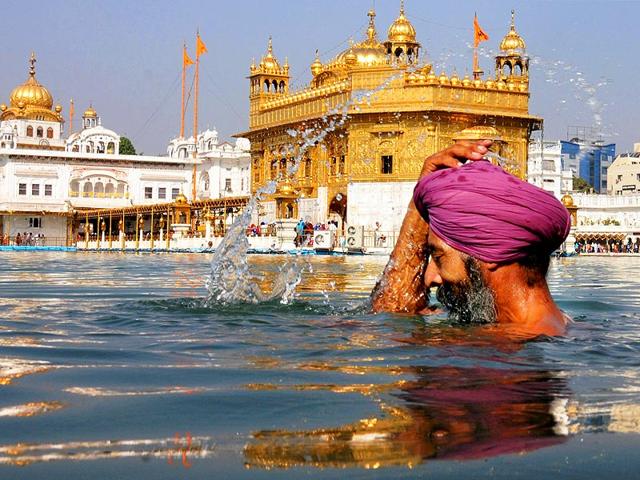 A devotee takes a holy dip in the sarover at Golden temple in Amritsar. (PTI Photo)