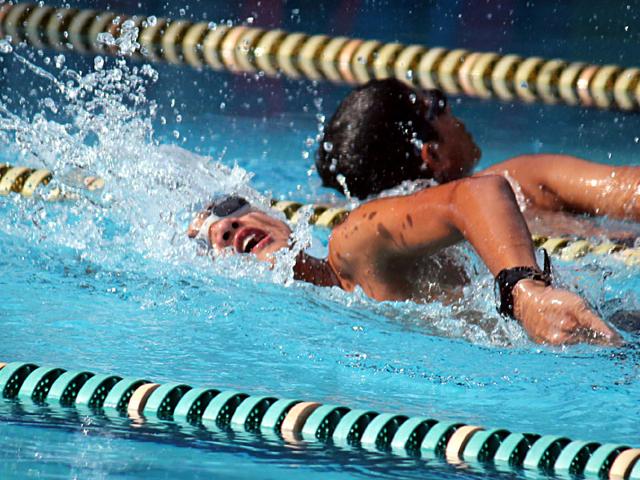 Swimmers take part in the three-day 14th National Paralympic Swimming Championship in Indore on Saturday. (Shankar Mourya/HT photo)