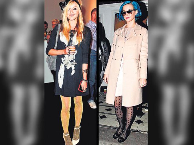 Television presenter Fearne Cotton (left) goes the shimmer route while singer Katy Perry (right) opts for patterned stockings