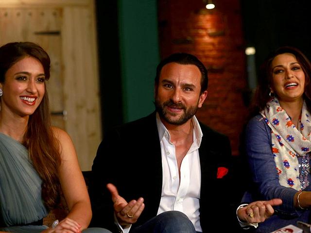 Bollywood actors Saif Ali Khan, Sonali Bendre and Ileana D'Cruz at a promotional event for their film Happy Ending in Mumbai. (AP Photo/Rafiq Maqbool)