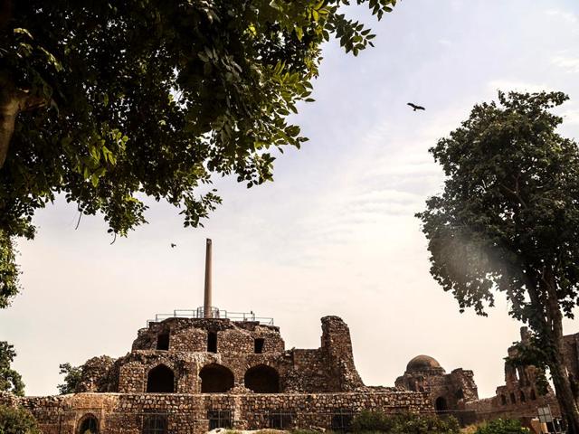 The ‘Minar-e-Zarreen’, a 13.1 metres high polished sandstone pillar originally erected by Emperor Ashoka in Ambala, Haryana in the third century BC, was centuries later lifted to Kotla on the orders of Sultan Feroz Shah Tughlaq. (Abhishek Saha/HT Photo)