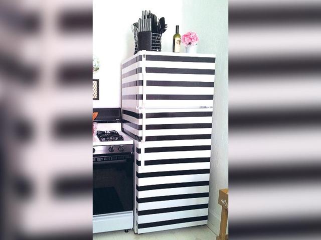 Style taping: Let the humble scotch tape come to your rescue. Use a roll in the hue of your choice to upgrade your fridge's exterior. Take your pick from the usual stripes- monochrome or coloured- or go fancy with chevron prints in varying hues.