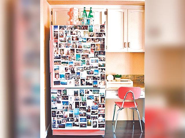 Picture perfect: Love posting pictures on social networking sites? Take your love further and put up photographs with the help of double-sided tape on your fridge. This cool idea will not only ensure a great picture collage, but also hide any unsightly dents.