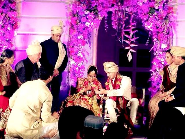 The wedding celebrations of Salman Khan's sister Arpita Khan with businessman Aayush Sharma began at the Taj Falaknuma hotel in Hyderabad on Tuesday. From 'jaimala' and 'phere', the Bollywood superstar was seen by his sister's side at all times. (Courtesy: Twitter)
