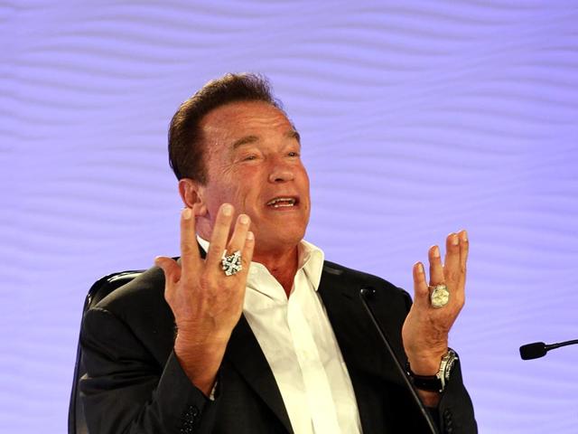 Arnold Schwarzenegger spoke on environment conservation. "We are talking about global climate change, and it doesn't matter which country you are from." at the HT Leadership Summit in New Delhi. (Gurinder Osan/HT Photo)