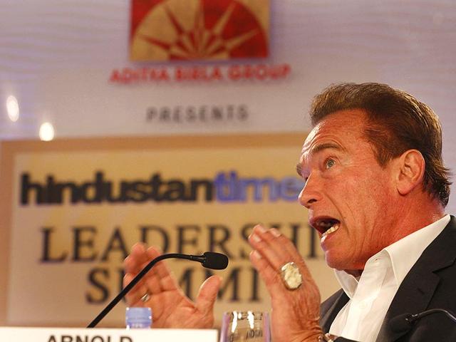 The session 'Muscle Beach to Hollywood to Governor of California: A Wondrous, Surreal Trip?' saw Schwarzenegger talking about his dream journey. (Arvind Yadav/ HT Photo)