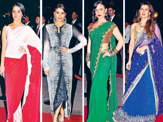 Shraddha Kapoor, Jacqueline Fernandes, Elli Avaram and Sangeeta Bijlani at Arpita Khan's reception. (Yogen Shah/HT photo)