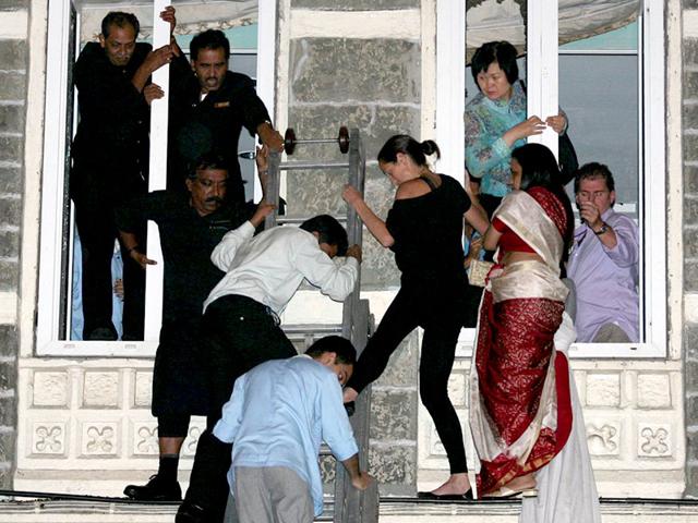 Guests were rescued through the windows as the gunmen fired indiscriminately in the luxury Taj Mahal Hotel in Mumbai on November 26, 2008. (HT file photo)