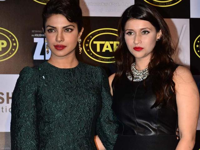 Priyanka Chopra with her cousin Mannara Chopra at the music success party of latter's upcoming film, Zid. (IANS) Priyanka Chopra with her cousin Mannara Chopra at the music success party of latter's upcoming film, Zid. (IANS)