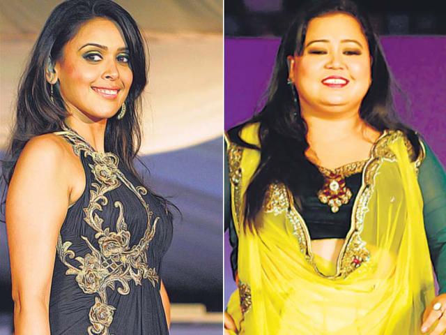 Hrishitaa Bhatt (left) and Bharti Singh walked the ramp at a celebrity peace initiative in Mumbai to commemorate the 26/11 terror attacks. (HT Photo)