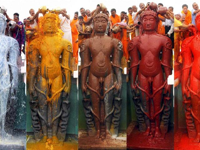 Combo picture of the various stages of 'Mahamastabhisheka' ceremony of the statue of Lord Gommateshwara in Gommatagiri. (PTI Photo)