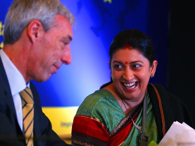 Union minister for human resource development Smriti Zubin Irani with Dr Joao Cravinho, Ambassador of the European Union, during inauguration ceremony of European Higher Education Fair at NSIC Ground Okhla, New Delhi. (Arvind Yadav/ HT Photo)