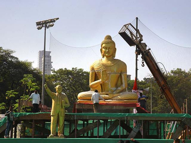 Statues of Lord Buddha and Dr Babasaheb Ambedkar are seen at Shivaji Park in Dadar, Mumbai a day ahead of Ambedkar's 58th death anniversar. (Kalpak Pathak/HT photo)