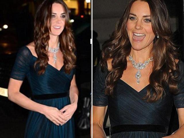 Duchess Kate looked svelte in her favourite item of clothing, which she paied with borrowed jewels from the Queen. She wore the dress the last time in February 2014.