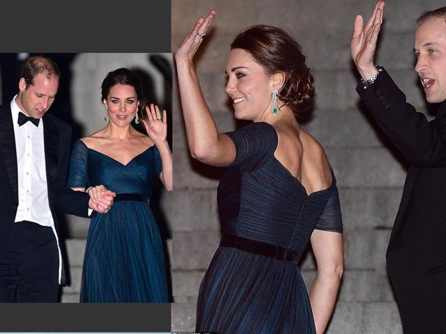 The Duchess of Cambridge wore this ink-blue empire-waisted, off-the-shoulder Jenny Packham gown for the third time in just over a year, as she attended a formal dinner in New York with husband Prince William.
